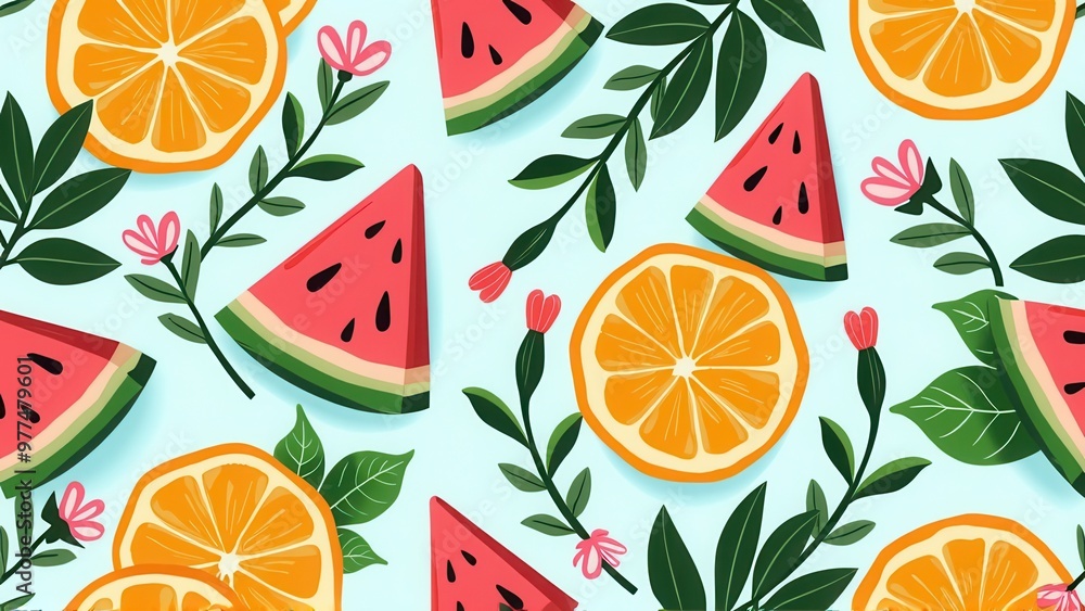 This image features a stylish illustration of watermelon and orange slices intermingled with leaves, arranged in an eye-catching and vibrant pattern, evoking a sense of freshness and joy. This image features a stylish illustration of watermelon and orange slices intermingled with leaves, arranged in an eye-catching and vibrant pattern, evoking a sense of freshness and joy.