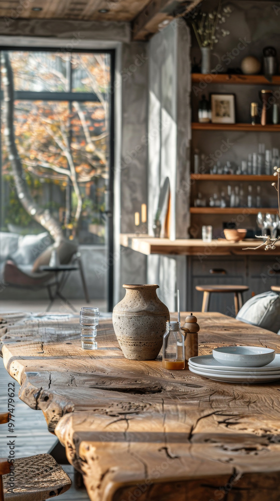 A beautifully designed home interior featuring rustic wooden dining table adorned with ceramic vase and tableware. warm ambiance is enhanced by natural light streaming through large windows, creating A beautifully designed home interior featuring rustic wooden dining table adorned with ceramic vase and tableware. warm ambiance is enhanced by natural light streaming through large windows, creating