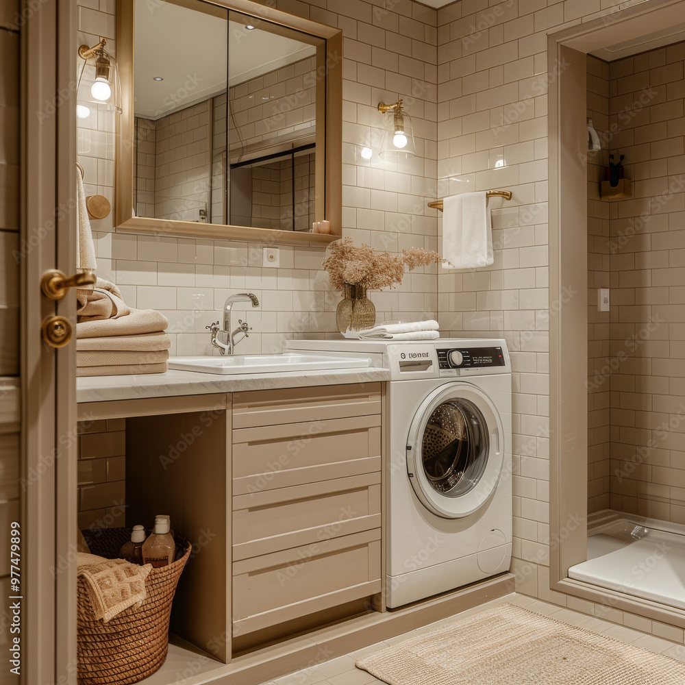 A modern laundry room featuring washing machine, neatly stacked towels, and stylish sink area. warm lighting and neutral tones create cozy and inviting atmosphere A modern laundry room featuring washing machine, neatly stacked towels, and stylish sink area. warm lighting and neutral tones create cozy and inviting atmosphere