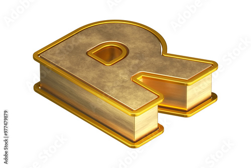 Top view 3D letter R in gold. Isometric 3D rendering display typography suitable for poster, web, advertising and modern design projects.