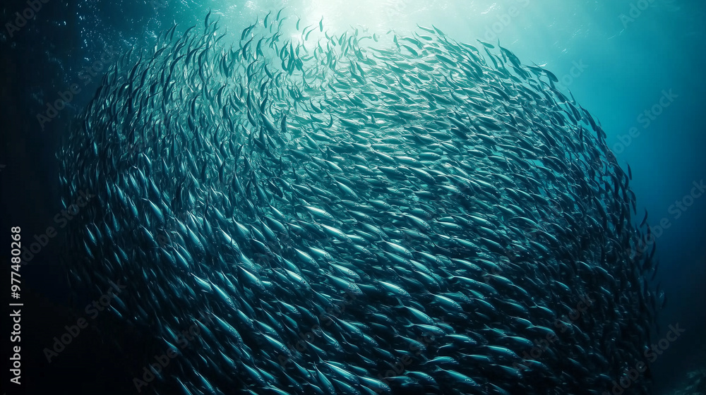 Naklejka premium A massive school of sardines swimming together in the deep ocean, creating an impressive dynamic shape under the sunlight rays