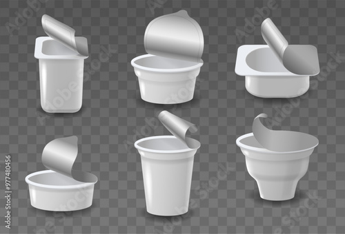Set Of Six Different Yogurt Containers With Opened Foil Lids Isolated On A Transparent Background. 3d Vector Mockup