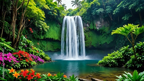 Lush tropical waterfall in a verdant jungle.