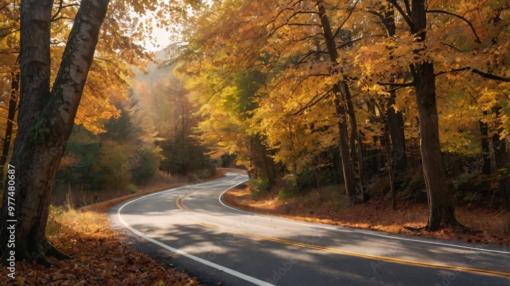 Naklejka premium Winding Road Through Autumn Forest.