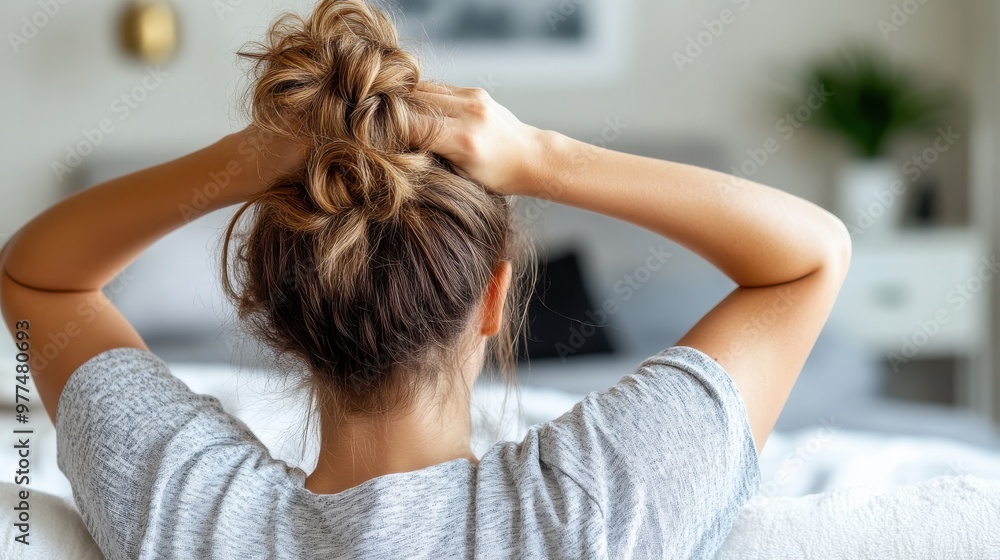 Naklejka premium A woman with her hair tied up is relaxing in a comfortable home environment, wearing a casual gray t-shirt, symbolizing relaxation, comfort, and a casual lifestyle in a modern home.