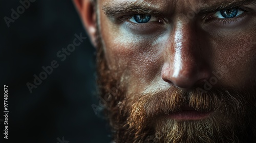 Portrait of a serious man with striking blue eyes and a full beard, set against a dark background to highlight his intense expression