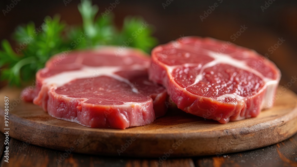 Two raw marbled steaks rest on a wooden board, captured in close-up detail, highlighting their texture and freshness, ideal for culinary preparation and gourmet meals. Two raw marbled steaks rest on a wooden board, captured in close-up detail, highlighting their texture and freshness, ideal for culinary preparation and gourmet meals.