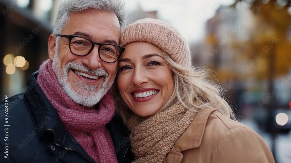 A smiling couple in warm winter attire enjoys a city walk, capturing the essence of companionship and warmth amidst an urban setting with autumn leaves. A smiling couple in warm winter attire enjoys a city walk, capturing the essence of companionship and warmth amidst an urban setting with autumn leaves.