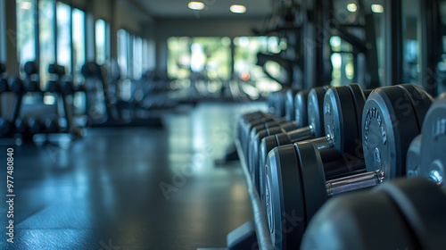 Empty Sport gym interior with Exercise equipment is neatly arranged, bathed in natural light streaming through large windows