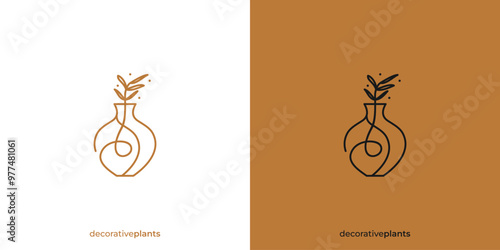Simple Handmade Pottery Logo Aesthetic Decorative Plants with Linear Outline Logo Design Icon Symbol Vector Inspiration.