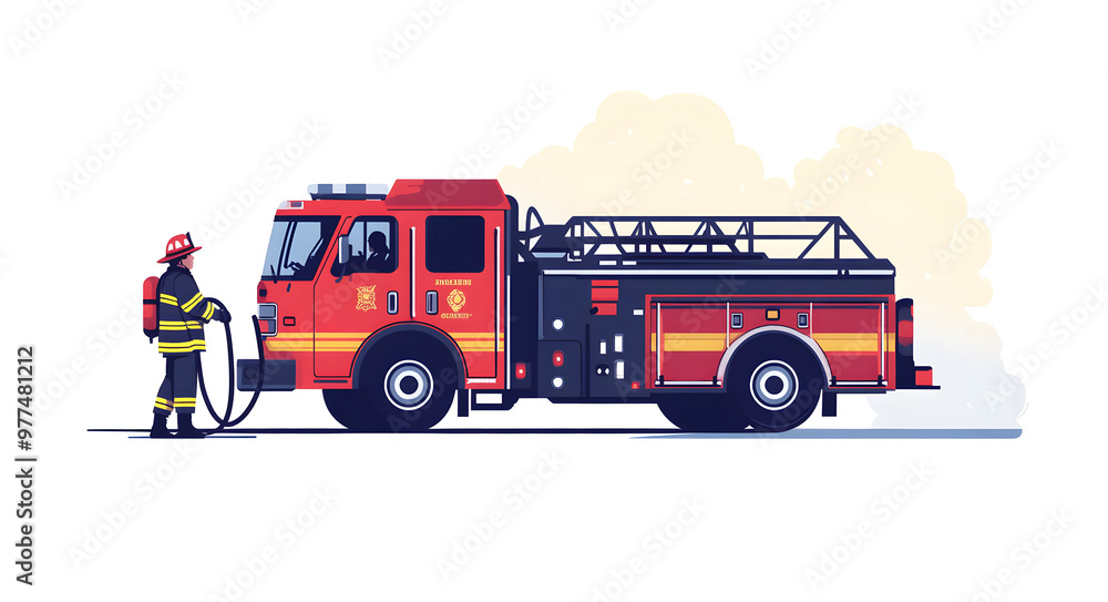 Firefighter Operating a Fire Truck with a Hose During an Emergency Response Firefighter Operating a Fire Truck with a Hose During an Emergency Response