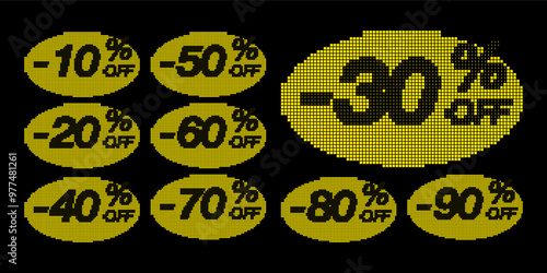Discounts numbers percent in tech pixel art style. Set stickers in rounded shapes - concept for promotional elements, sales campaigns, and digital marketing. Vector illustration.