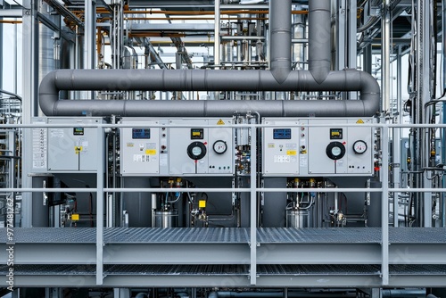 A large industrial site's external infrastructure of the microclimate support system includes air pipelines, fans, and air conditioning. Control systems for the temperature, humidity, and pressure. photo