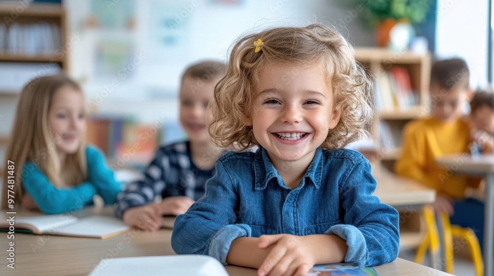 A joyful girl, smiling broadly, is seated at a desk with fellow classmates in the background, embodying the happiness and camaraderie of school life. A joyful girl, smiling broadly, is seated at a desk with fellow classmates in the background, embodying the happiness and camaraderie of school life.
