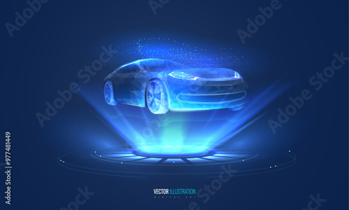 Automotive diagnostics in digital futuristic style. Holographic car concept for technology, innovation, and automotive industry. Vector