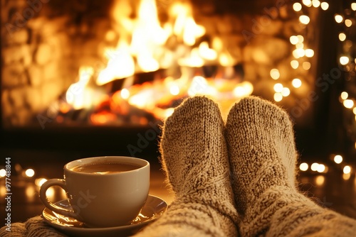 Close-up on feet, warm woollen socks by the Christmas fireplace. Woman relaxes by the warm fire while drinking hot drinks and warming up her feet in woollen socks. Winter and Christmas holidays photo