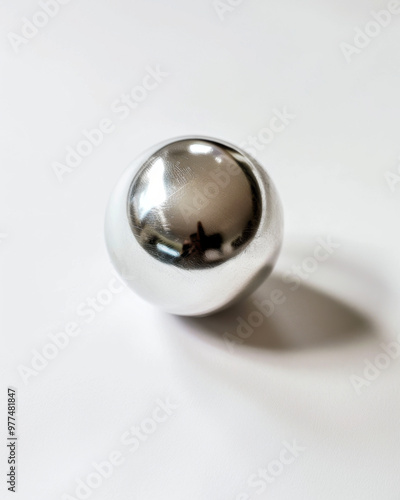 A shiny silver ball rests on smooth surface, reflecting light and creating captivating visual effect. Its polished surface adds modern touch to any setting