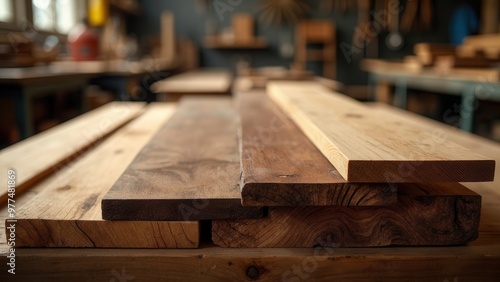 A collection of diverse wooden boards is positioned on a table within a woodworking shop or studio, each board representing various types of wood used in crafting and carpentry projects.