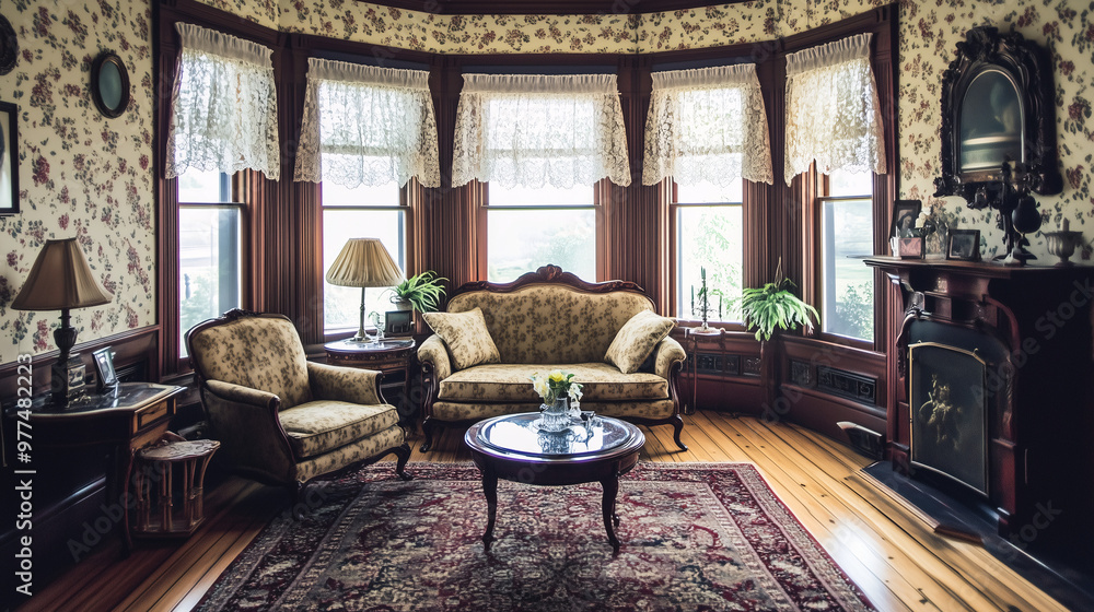 Fototapeta premium A classic Victorian-style sitting room with floral wallpaper, lace curtains, antique lamps, and a polished wooden floor with a Persian rug