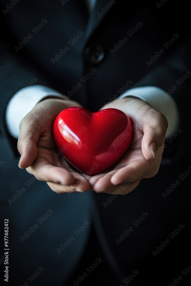 A businessperson in formal attire holding a red heart symbol, representing care and compassion. A businessperson in formal attire holding a red heart symbol, representing care and compassion.