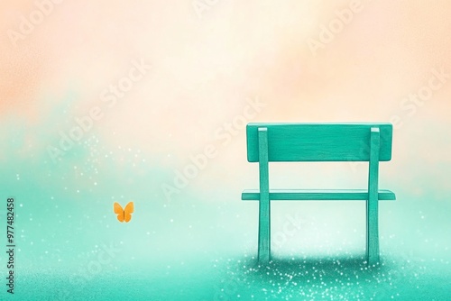 A bench with a small butterfly flying by. Minimalist and peaceful, perfect for text overlays.