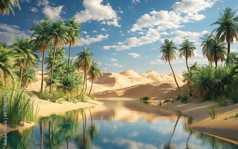 Obraz premium A serene desert landscape featuring palm trees and a tranquil river reflecting the sky.