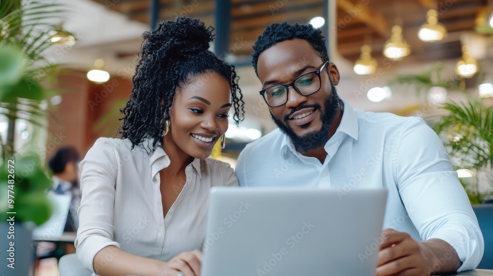 A smiling pair sit side by side in an office environment, looking at a laptop screen and embodying a spirit of innovative teamwork and collaboration. A smiling pair sit side by side in an office environment, looking at a laptop screen and embodying a spirit of innovative teamwork and collaboration.