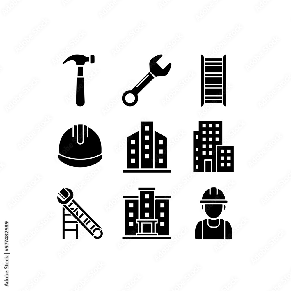 Obraz premium Construction icons set. Flat web icon set construction, home repair tools. Construction vehicle, elements, tools.