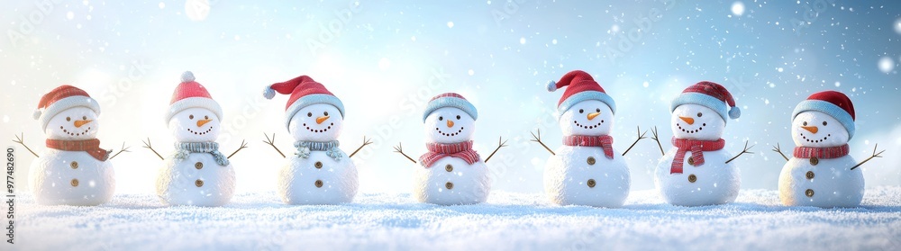 Fototapeta premium This greeting card has a copy space for you to add your own message. The image shows many snowmen standing in a winter Christmas landscape.