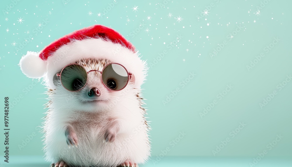 A holiday-ready hedgehog wearing a Santa hat and tiny round sunglasses, set against a soft green-to-blue gradient with twinkling stars in the sky A holiday-ready hedgehog wearing a Santa hat and tiny round sunglasses, set against a soft green-to-blue gradient with twinkling stars in the sky