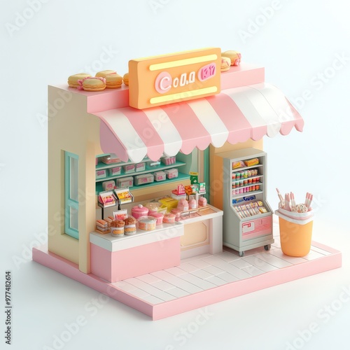 Cute  D Cartoon Shop with Striped Awning and Pastel Colors photo