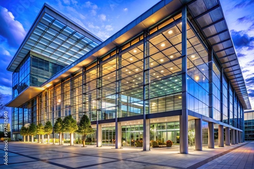 Modern glass-walled convention centre with sleek architecture, expansive lobby, and stylish lighting, ready to host conferences, exhibitions, and corporate events. photo