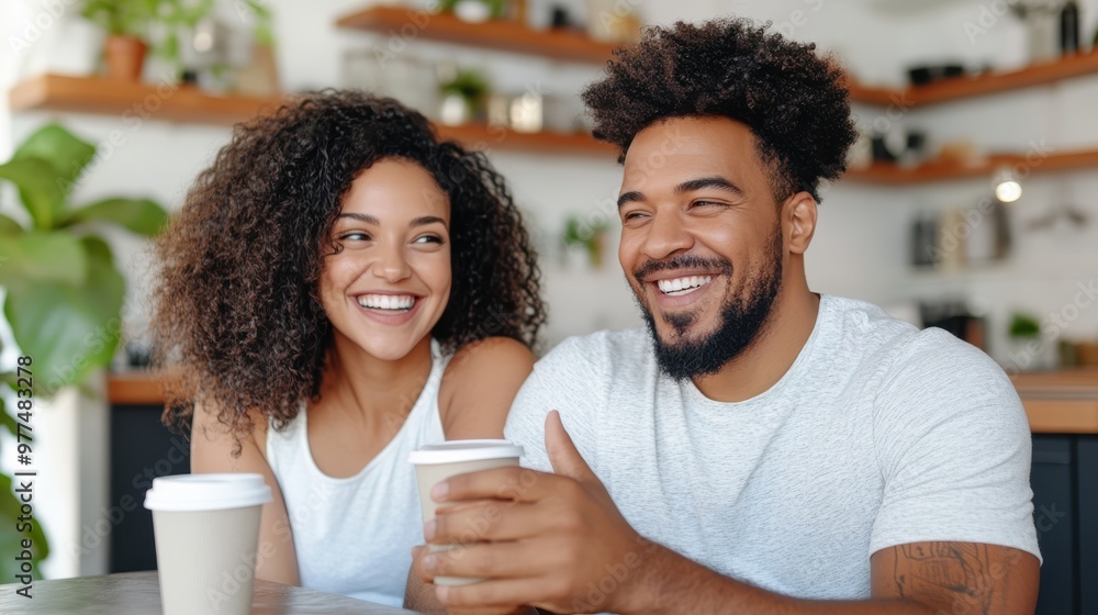 An engaging couple cheerfully holding coffee cups in a sleek, contemporary café, creating a warm and inviting atmosphere full of laughter and friendship. An engaging couple cheerfully holding coffee cups in a sleek, contemporary café, creating a warm and inviting atmosphere full of laughter and friendship.