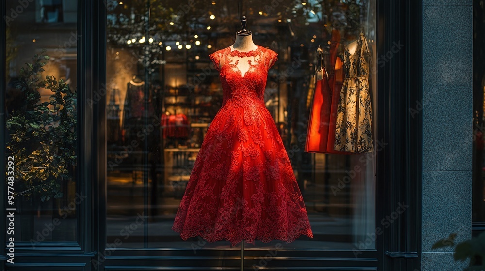 a red lace dress beautifully displayed in a storefront, capturing the essence of trendy fashion and elegance