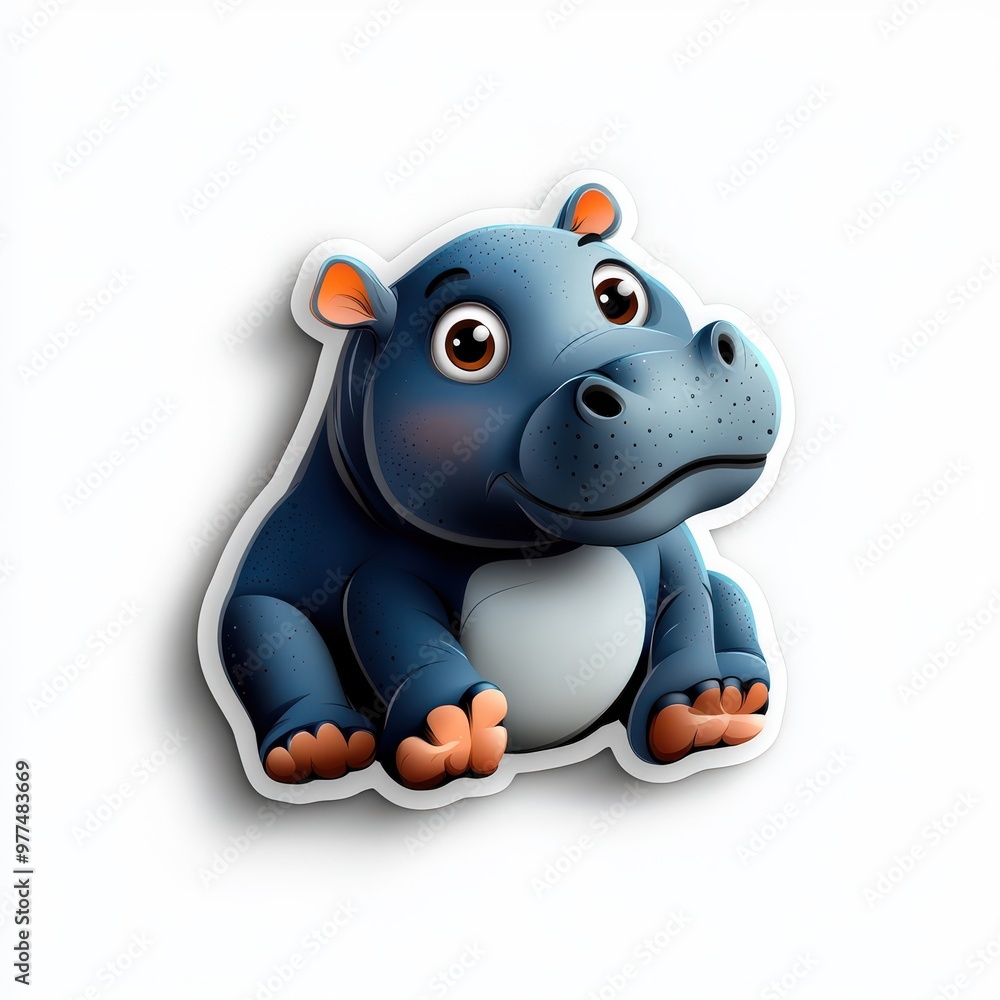 Cute Cartoon Hippopotamus Sticker Illustration Cute Cartoon Hippopotamus Sticker Illustration