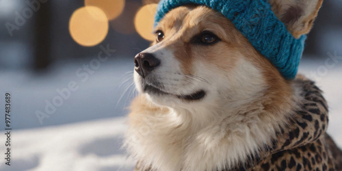 Cute Dog Wearing a Winter Hat photo