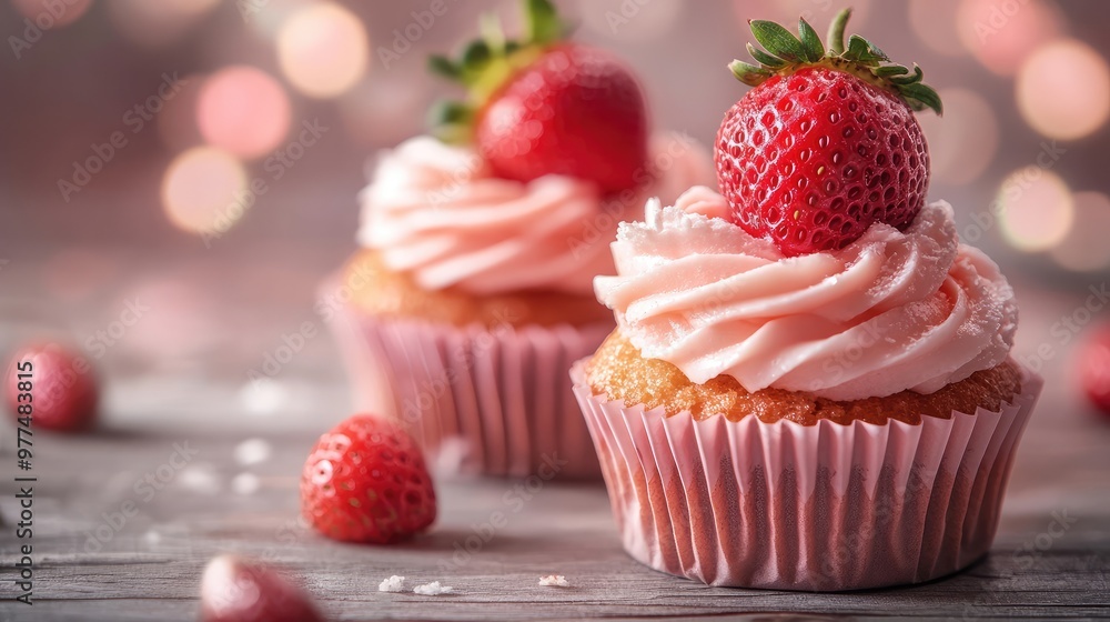 Two strawberry cupcakes on a wooden background bokeh Generative Ai Two strawberry cupcakes on a wooden background bokeh Generative Ai