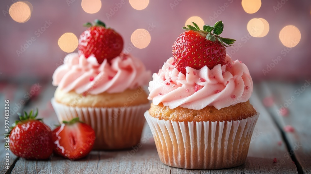 Two strawberry cupcakes on a wooden background bokeh Generative Ai Two strawberry cupcakes on a wooden background bokeh Generative Ai