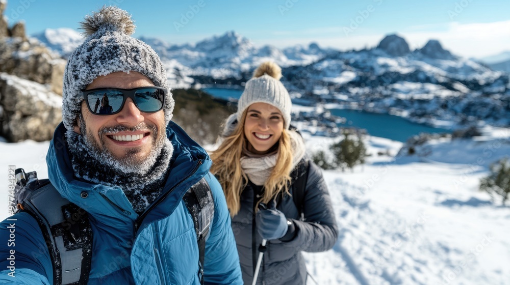Decked in winter gear, a couple embarks on an adventure, trekking through a snowy mountain region, symbolizing exploration and the thrill of embracing nature's beauty. Decked in winter gear, a couple embarks on an adventure, trekking through a snowy mountain region, symbolizing exploration and the thrill of embracing nature's beauty.
