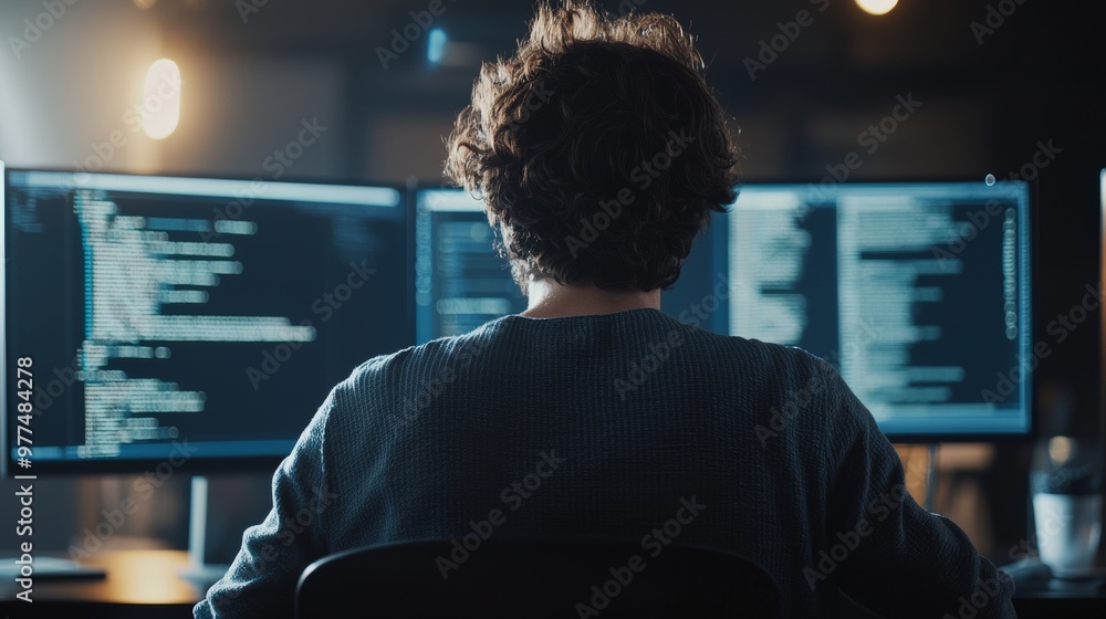 A professional IT programer is working in a data center on a desktop computer with three displays, developing both software and hardware. Displays are displaying concepts related to blockchain and A professional IT programer is working in a data center on a desktop computer with three displays, developing both software and hardware. Displays are displaying concepts related to blockchain and