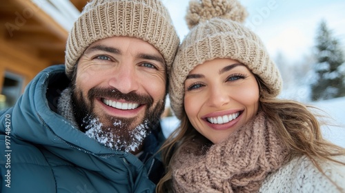 A jubilant duo, dressed in snug winter attire, showcases bright smiles as they enjoy a snowy setting, representing warmth, cheer, and the spirit of companionship. photo