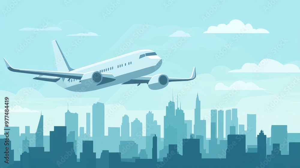An airplane flying over a modern city skyline, showcasing urban life against a bright blue sky with wispy clouds. An airplane flying over a modern city skyline, showcasing urban life against a bright blue sky with wispy clouds.