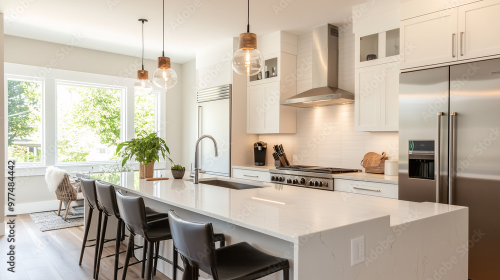 A contemporary kitchen with eco-friendly countertops, a plant-based cleaning station, and energy-efficient lighting overhead A contemporary kitchen with eco-friendly countertops, a plant-based cleaning station, and energy-efficient lighting overhead