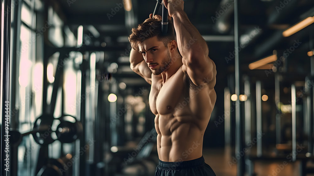 A man in a gym lifts weights, focused and determined, surrounded by exercise equipment