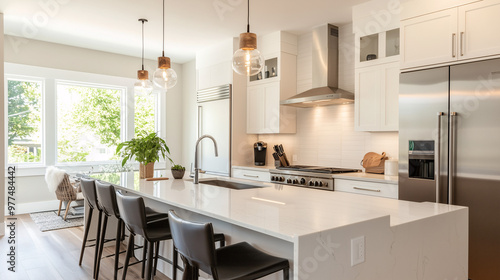 A contemporary kitchen with eco-friendly countertops, a plant-based cleaning station, and energy-efficient lighting overhead