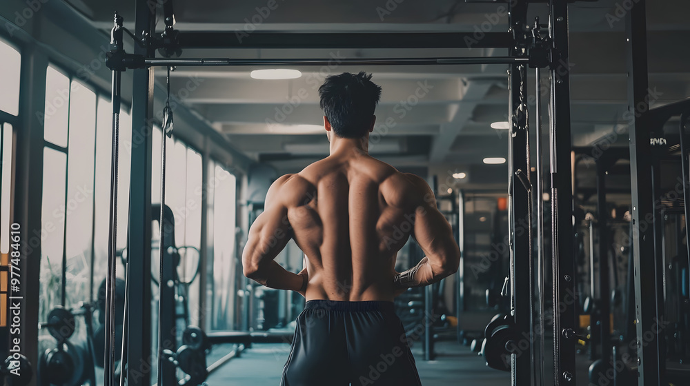 A man in a gym lifts weights, focused and determined, surrounded by exercise equipment A man in a gym lifts weights, focused and determined, surrounded by exercise equipment