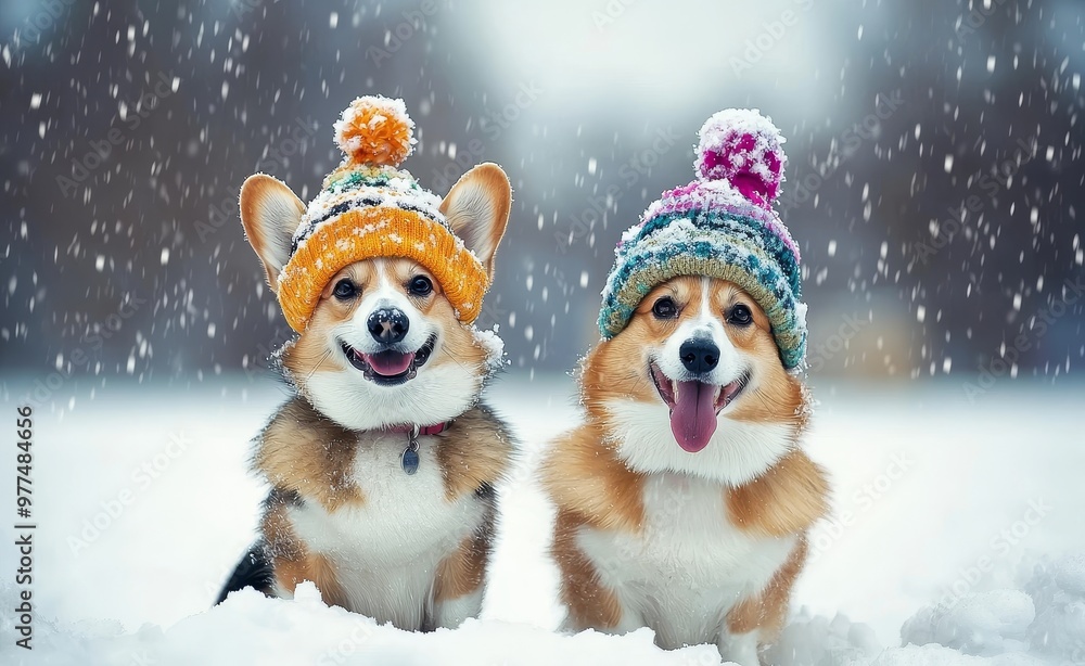 During heavy snowfall during cold winter day, two red Corgis on a walk in the park wearing funny warm knitted hats During heavy snowfall during cold winter day, two red Corgis on a walk in the park wearing funny warm knitted hats