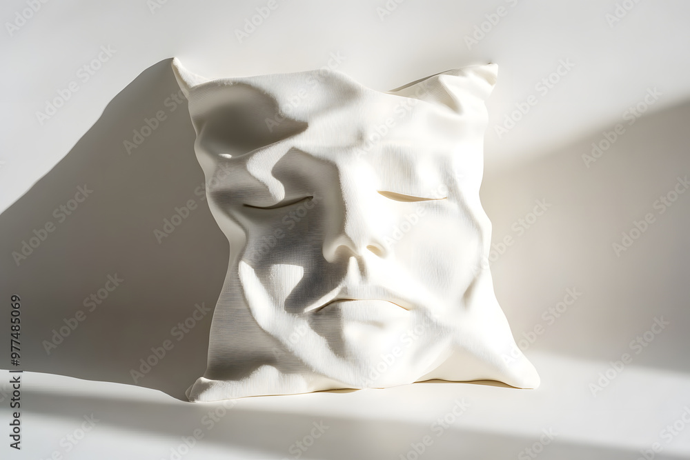 White pillow featuring a woman's face, intricately detailed with soft, lifelike textures White pillow featuring a woman's face, intricately detailed with soft, lifelike textures