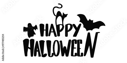 vector texte happy halloween with bat and cat silhouette 