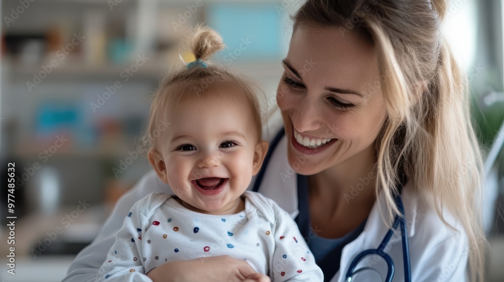 A beaming healthcare worker warmly embraces a laughing baby in a clinic, showcasing themes of affection, safety, and dedicated care in a medical environment. A beaming healthcare worker warmly embraces a laughing baby in a clinic, showcasing themes of affection, safety, and dedicated care in a medical environment.